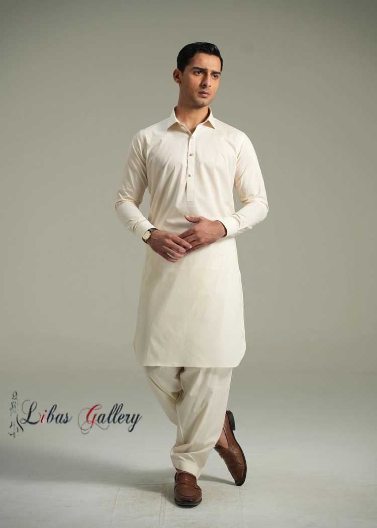 Stylish Pearl White Kameez Shalwar Suit for Men