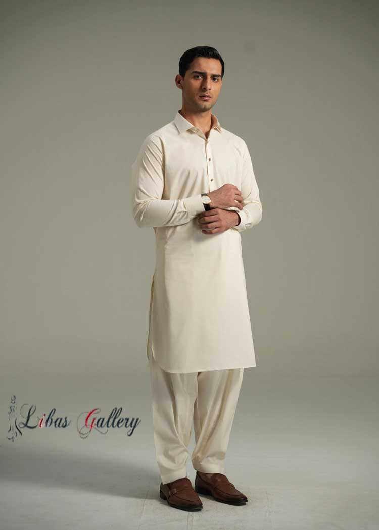 Stylish Pearl White Kameez Shalwar Suit for Men