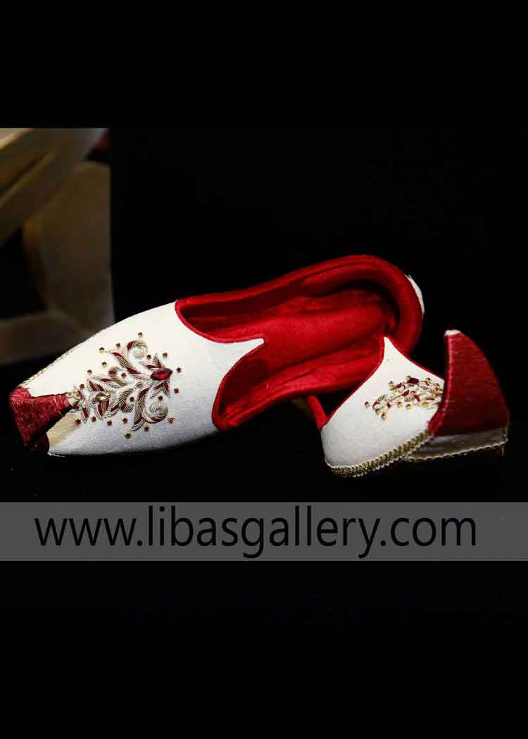 Off White Wedding Khussa with Red Gold Hand Embellishment 