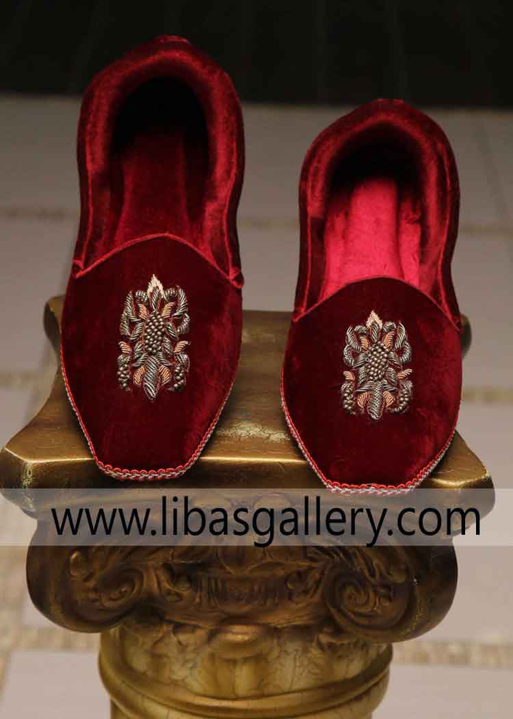 Red Velvet Groom Embroidered Nikah Day Khussa Style