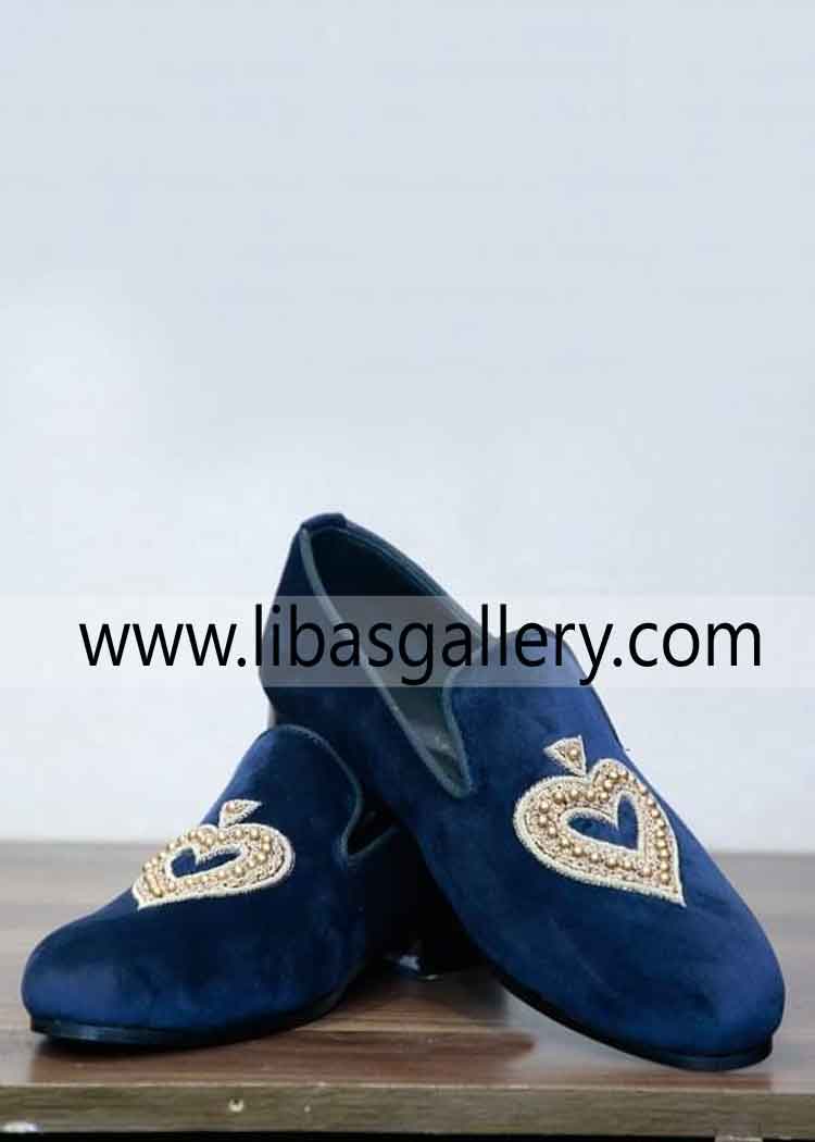 Men Blue Velvet Mughal Shoes for Wedding Event with Gold Pearl and Kora hand Embellishment Pan pattern Style Australia Azerbaijan Bahrain Men Blue Velvet Mughal Shoes for Wedding Event with Gold Pearl and Kora hand Embellishment Pan pattern Style Australia Azerbaijan Bahrain