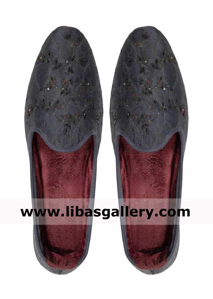 Midnight Blue Men Embroidered Wedding Khussa