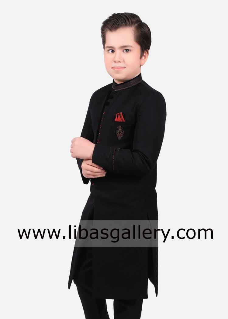 Royal type black hats off kids sherwani for eid wedding