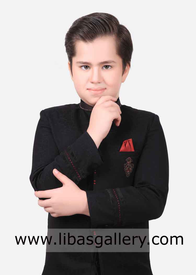 Royal type black hats off kids sherwani for eid wedding
