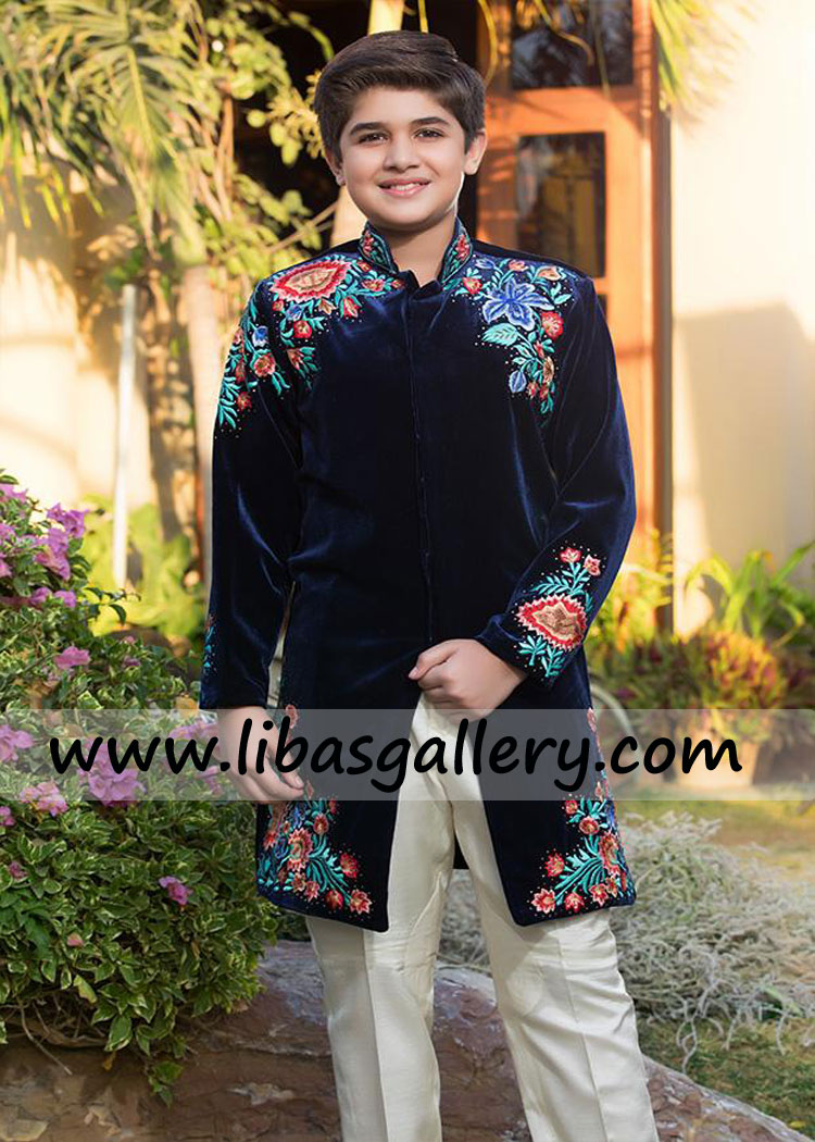 Navy blue velvet kids sherwani suit stitched