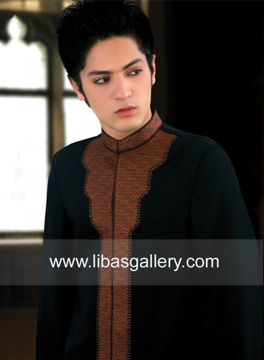 Jamawar Sherwanis Collection for Kids 2013-2014 in Black Color with Embroidery work on Collar and Sleeves Free Shipping to Worldwide Leicestershire UK