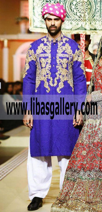 Blue Color Embroidered Kurta shalwar Men with Turban 2018