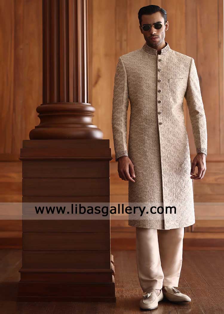 Light Beige Refined Barat Look Groom embellished Sherwani