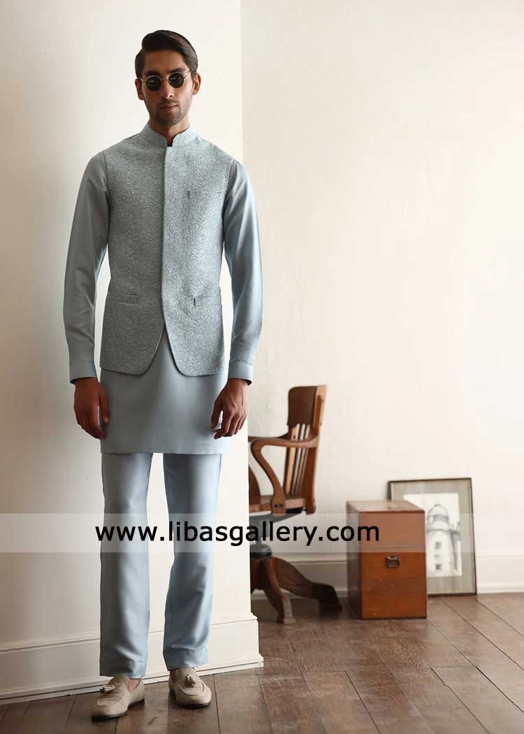 Light Blue Embroidered Groom Designer waistcoat 