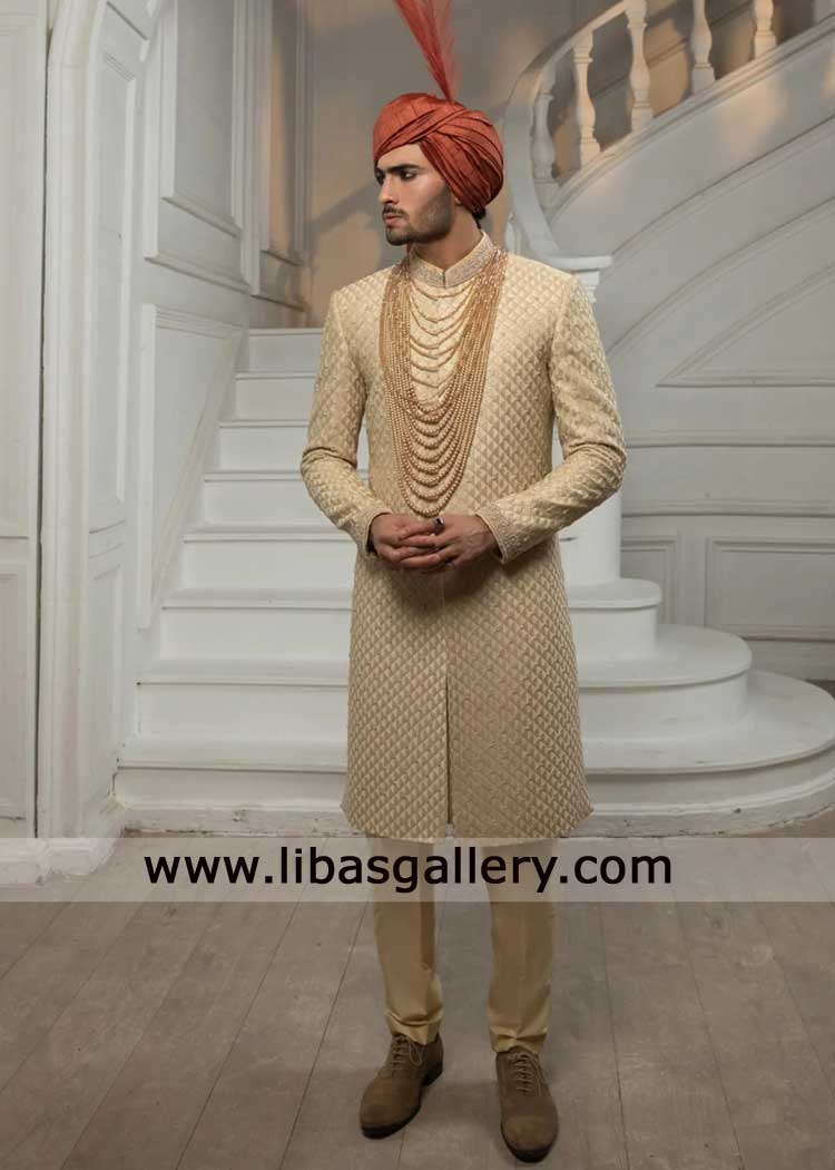 light gold luxe groom wedding sherwani for groom with intricate hand embroidery on collar cuff Sydney Abu dhabi Sugarland London