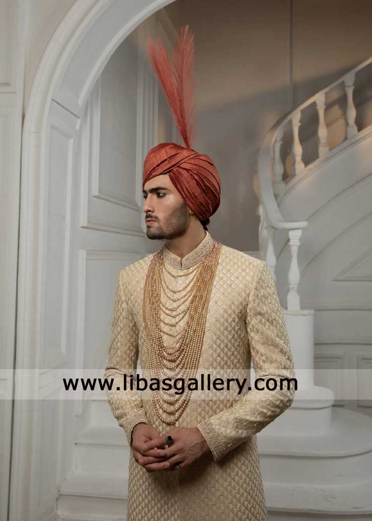 Light Gold Luxe Sherwani Hand Embellished for Nikah Barat