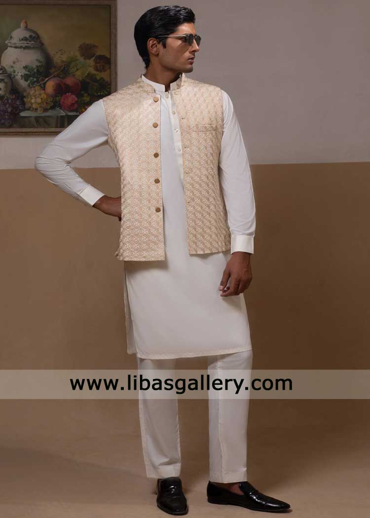 Light Gold Men Embroidered Waistcoat for occasion