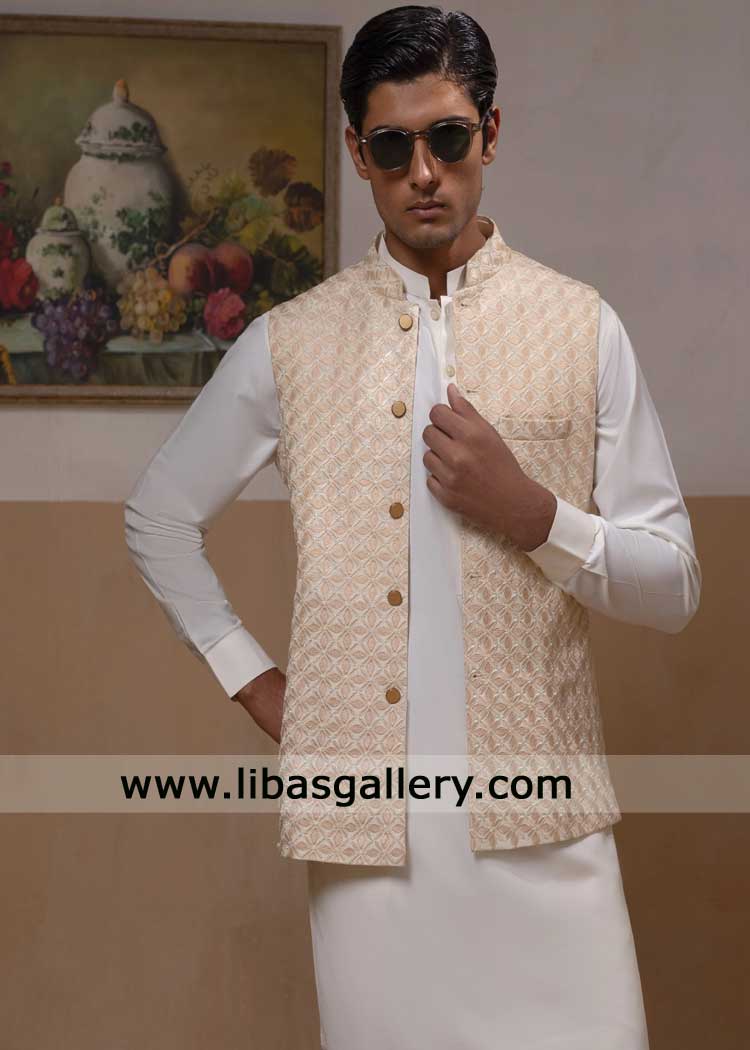 Light Gold Men Embroidered Waistcoat for occasion