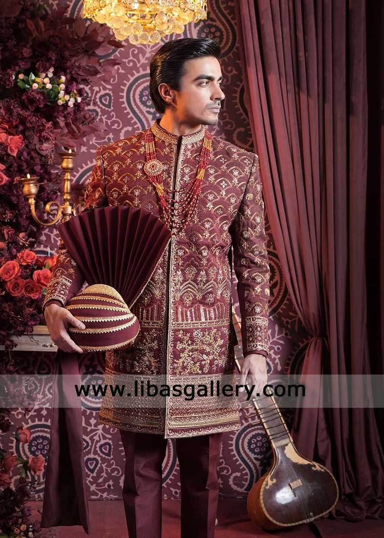Regal Maroon geometric hand embroidered jaal sherwani