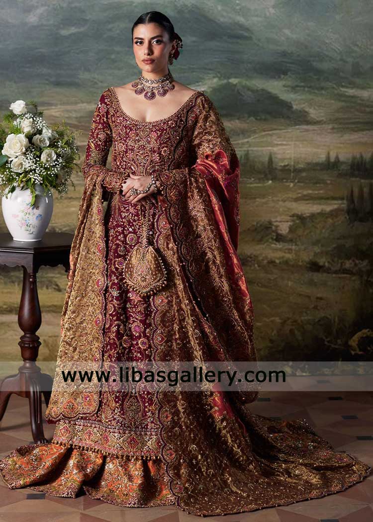 Maroon Jamawar bridal lehenga with heavy hand embellished shirt | Nikah wear