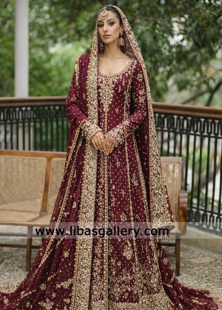 Maharani Maroon Bridal Gown with Gold Antique hand work