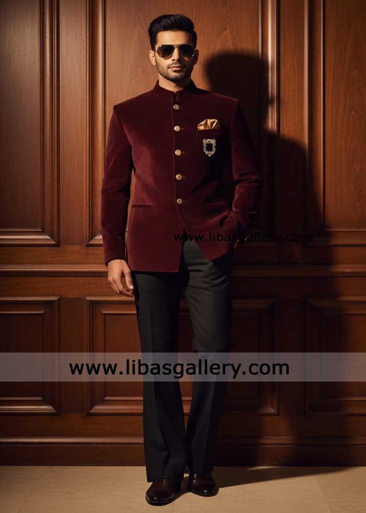 Elegant Maroon Velvet Prince Coat with Trousers