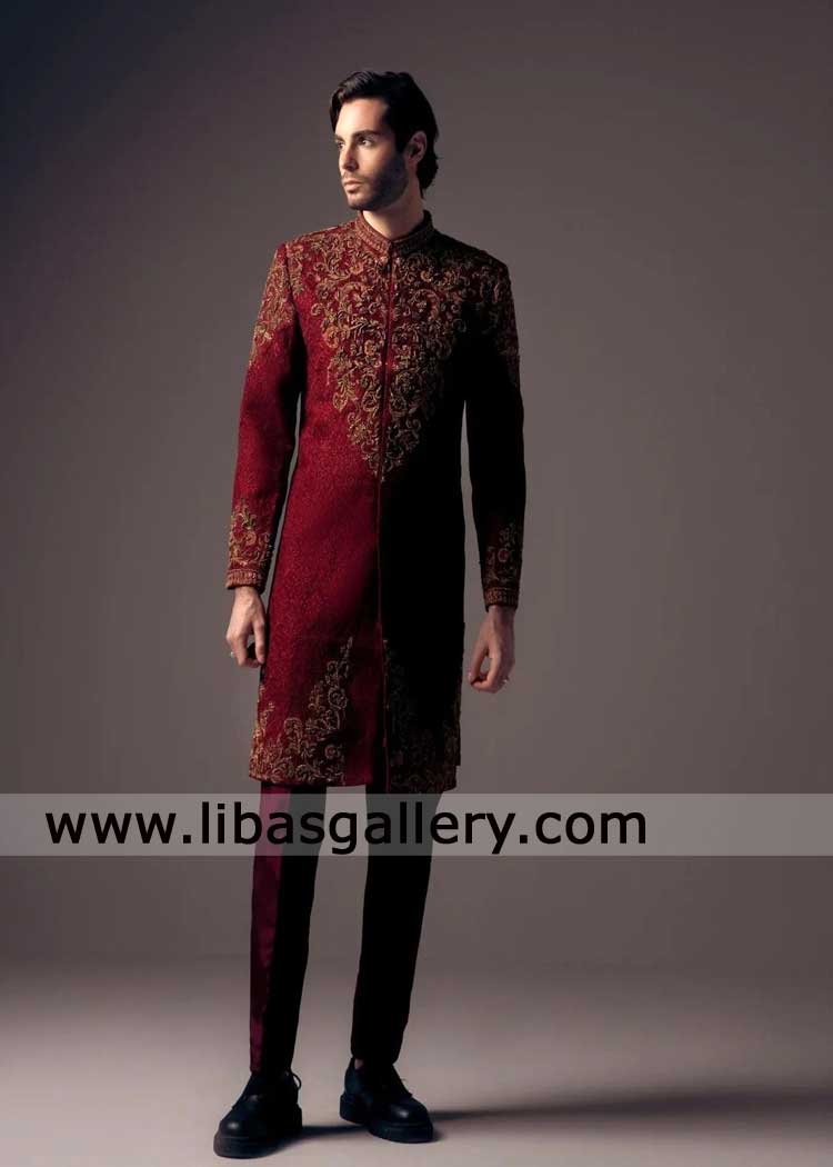Majestic Maroon Raw silk Sherwani for Groom Nikah