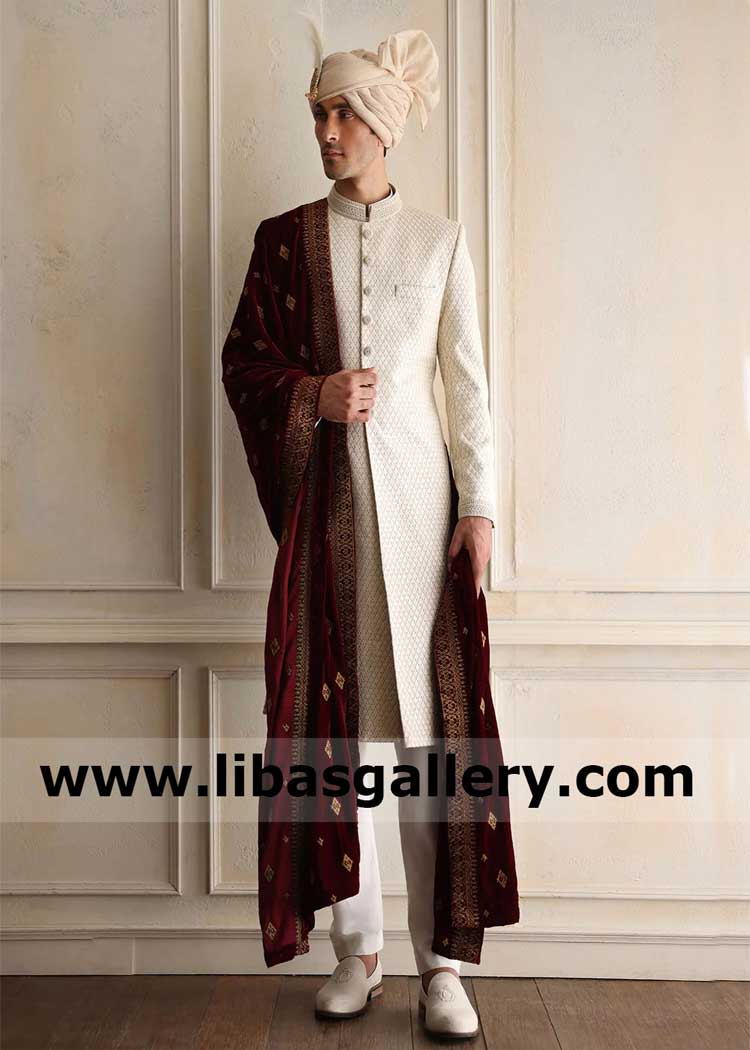 Maroon wedding shawl with antique intricate embroidery on borders