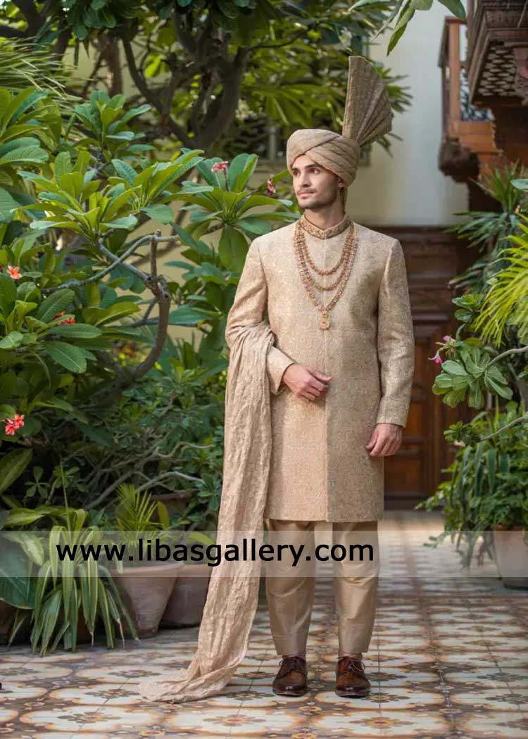 Mate gold embroidered Groom Nikah Sherwani 