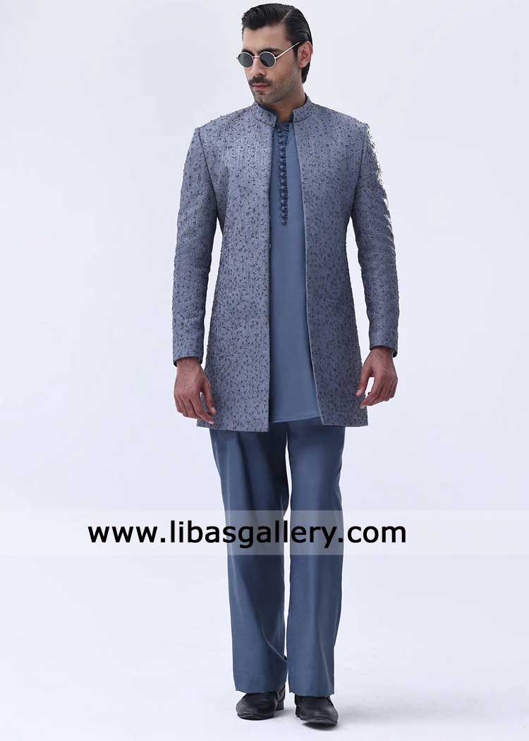 Blue Embroidered open Prince Coat for Groom-Luxury Wedding Outfit for Nikah Barat California Sugarland USA
