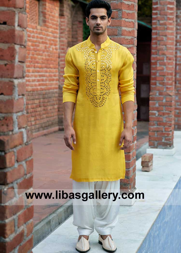 Yellow Mirror Embroidered Kurta for Men Marriage Mehndi Mayon day