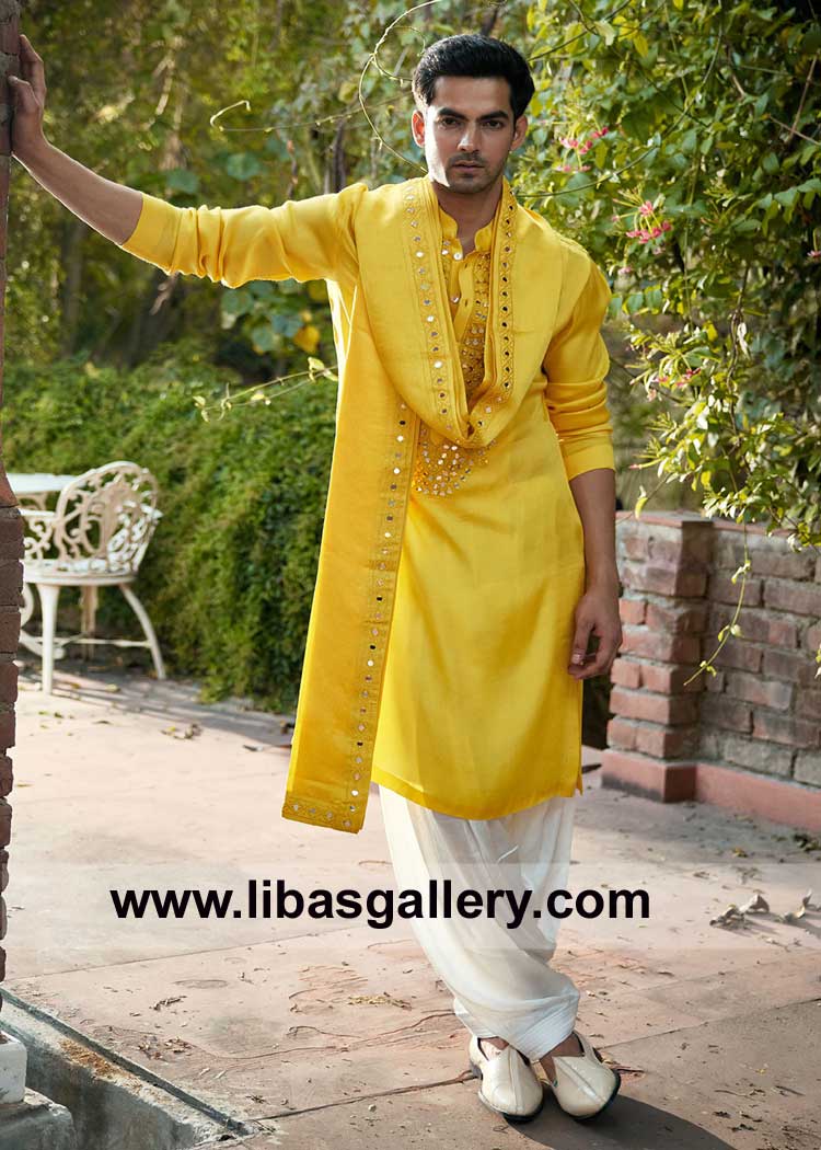 Yellow Mirror Embroidered Kurta for Men Marriage Mehndi Mayon day