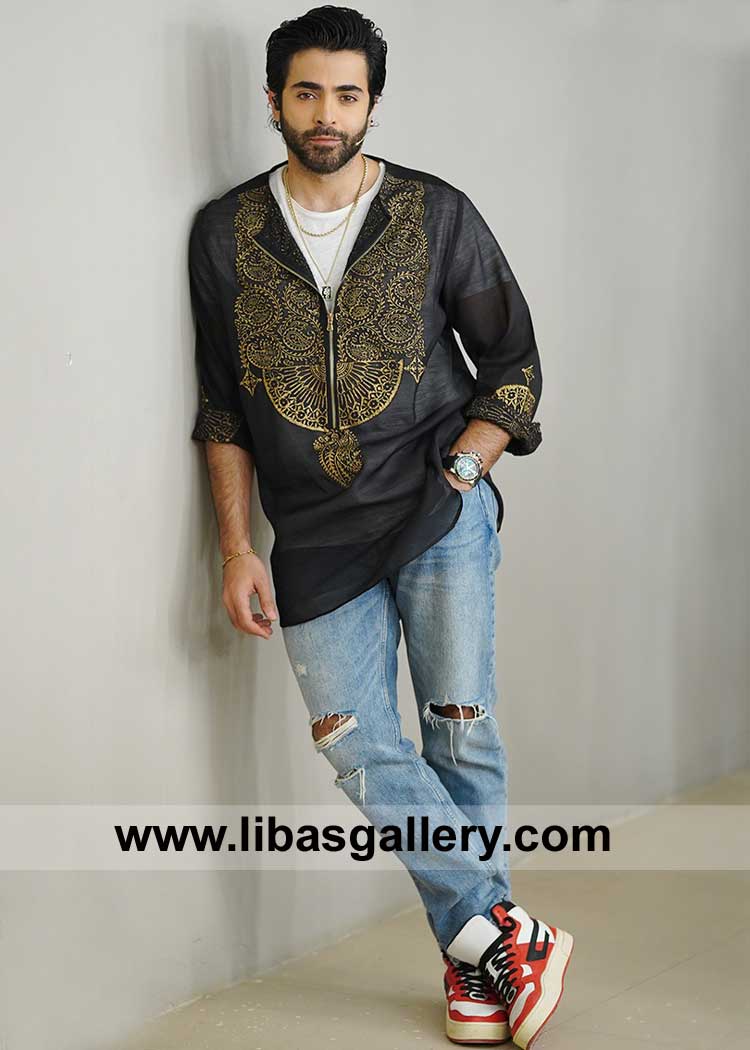 Black Celebrity Style Gold Embroidery Men Kurta