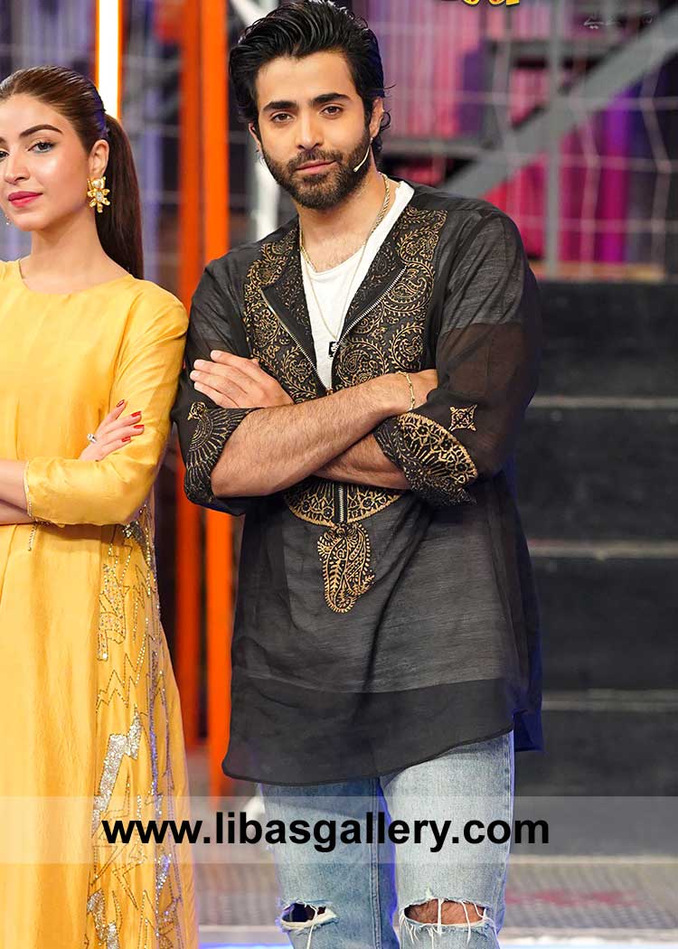 Black Celebrity Style Gold Embroidery Men Kurta