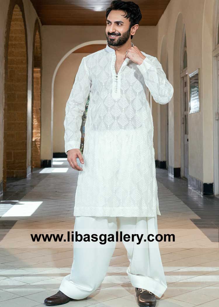 Milky White Embroidered Kurta and Pajama Set for Men Eid