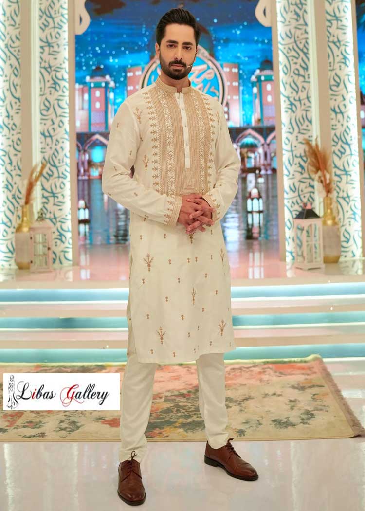 Ivory Neck Embellished Men Kurta for Occasion and Eid