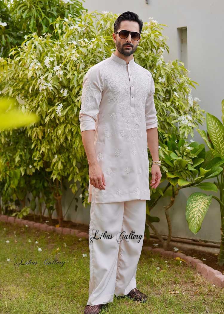 Exclusive Powder Pink Men Embroidered Kurta with Bell Bottom Pants