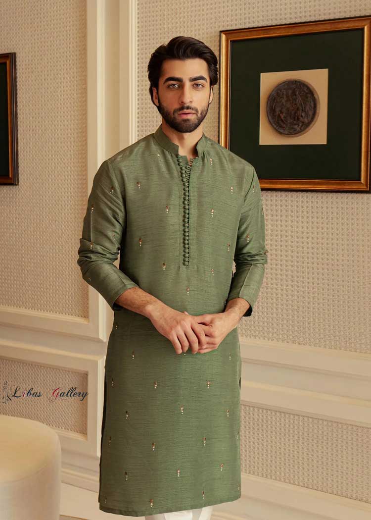 Pine Green Men embroidered kurta with Loop buttons and pants Riyadh Dubai New York