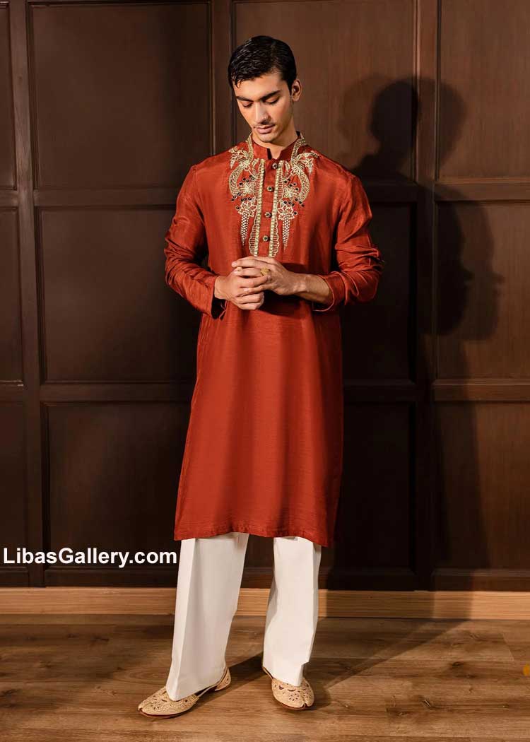 Rustic orange Men Embellished kurta 