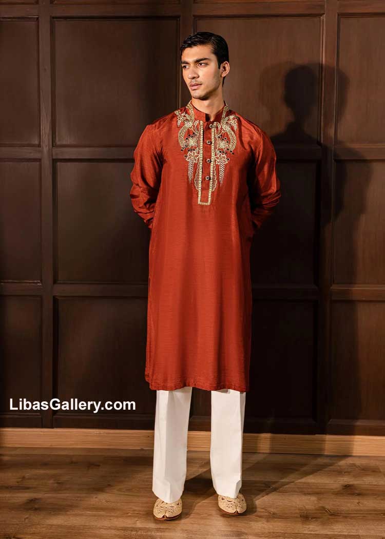 Rustic orange Men Embellished kurta 