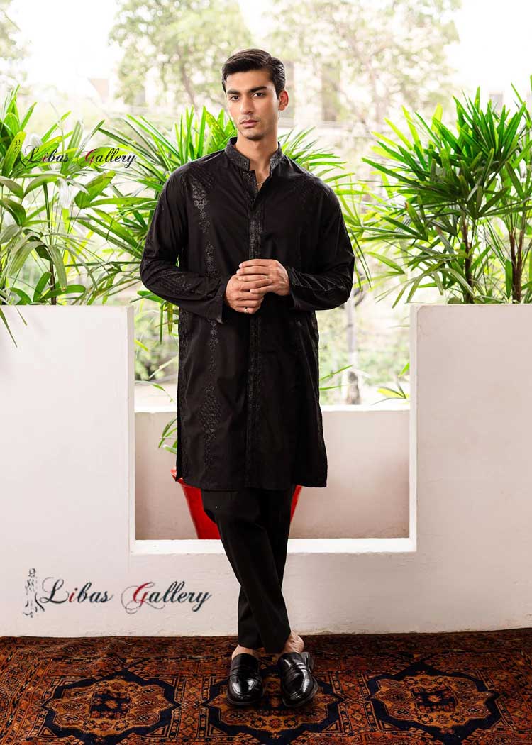 Black self embroidered Sherwani Style Kurta