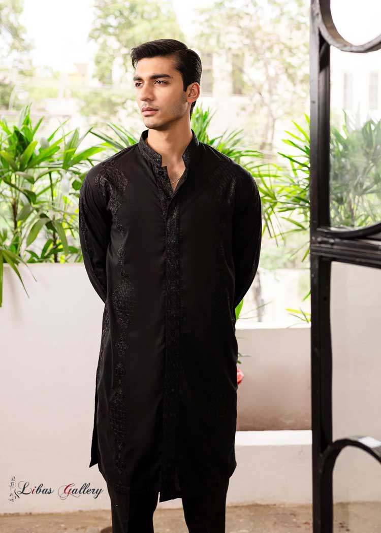 Black self embroidered Sherwani Style Kurta