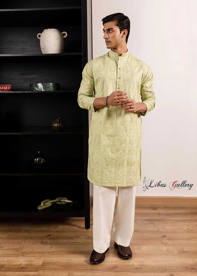 Mint Green Self Embroidered Men Kurta 