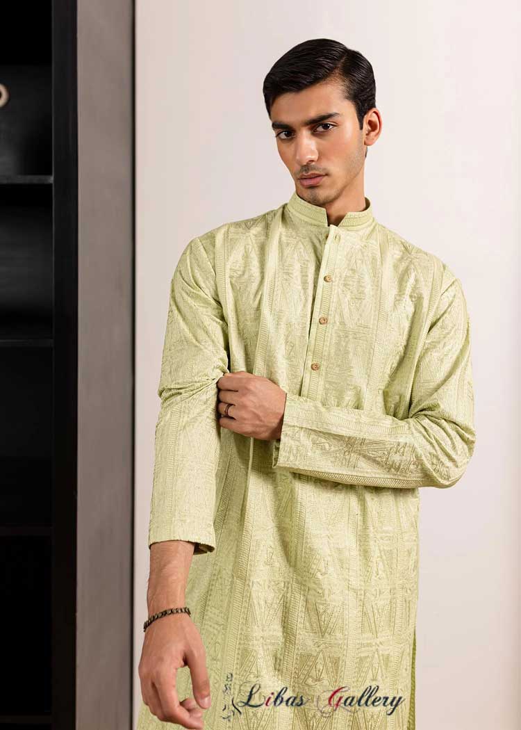 Mint Green Self Embroidered Men Kurta 