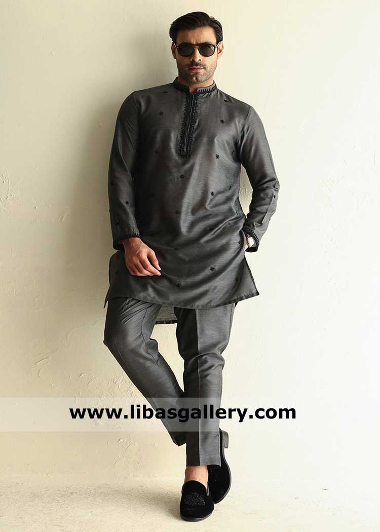Slate gray embroidered Occasion Men Kurta