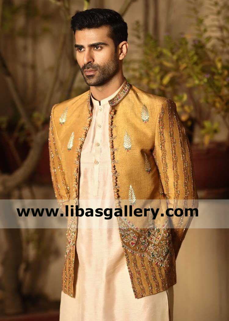 Mustard beautiful Embroidered Men Prince Suit for Wedding