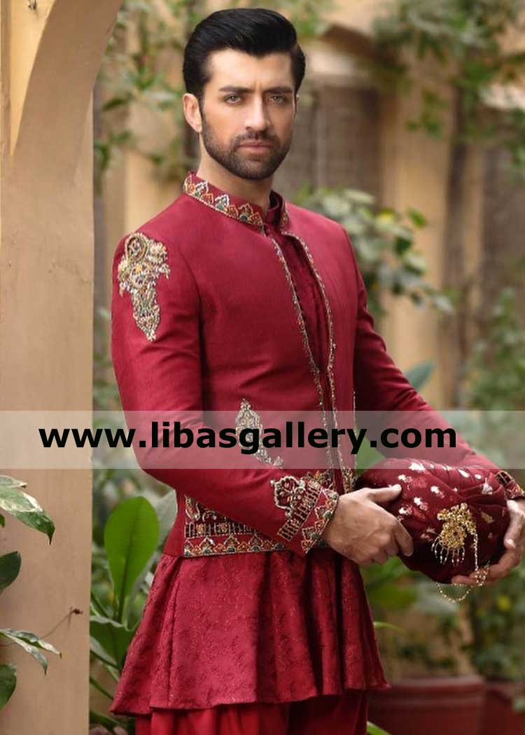 Men Awesome Maroon Embroidered Wedding Prince Coat for Nikah Barat