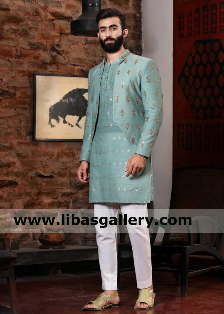 Aqua Green Prince Suit for Men with Embellished Motifs