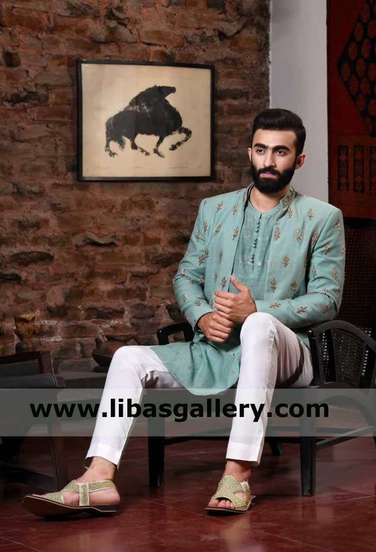 Aqua Green Prince Suit for Men with Embellished Motifs
