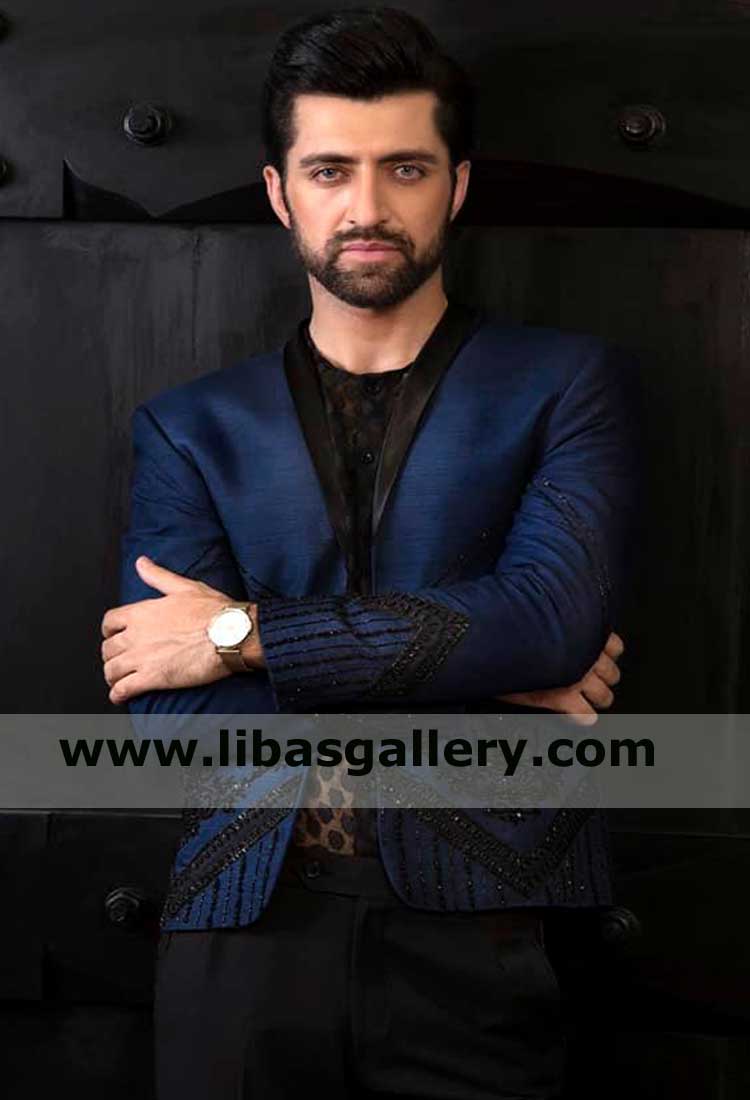 Classic navy blue embroidered raw silk open tuxedo with black silk lapels