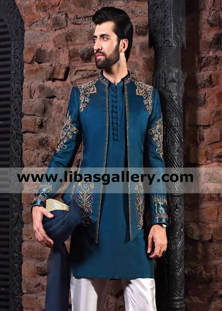 Open Button less Men Embroidered Prince Coat Zinc Blue