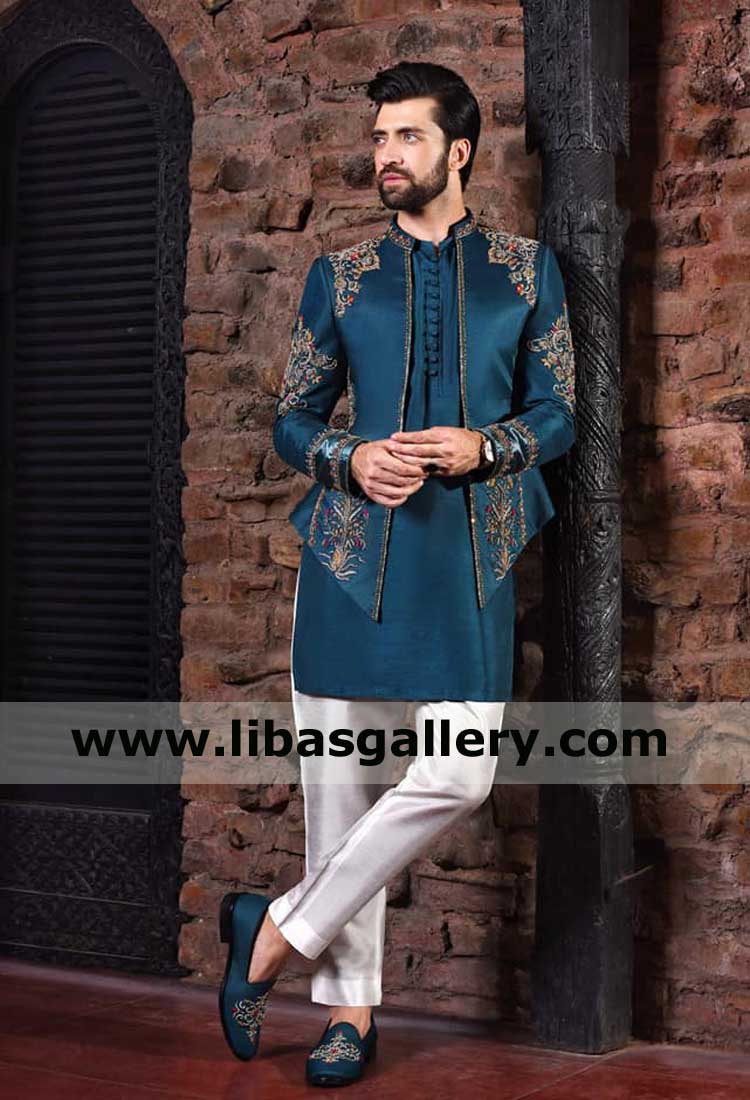 Open Button less Men Embroidered Prince Coat Zinc Blue
