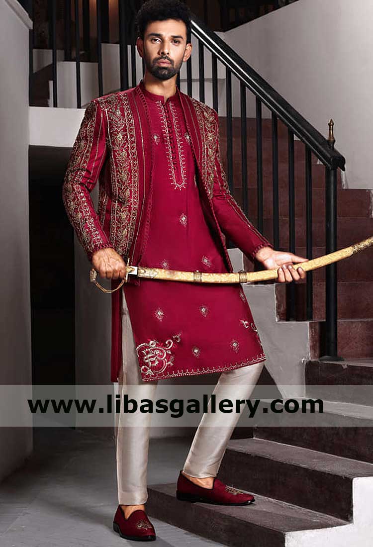 Red Open Style Jodhpuri Embroidered Jacket for Men