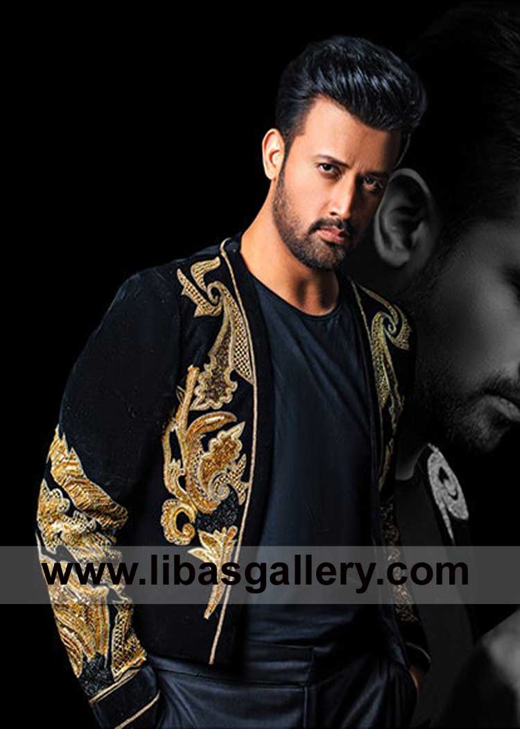 Open Style Men Black Velvet Antique and Gold Embroidered Indo Western Prince Coat