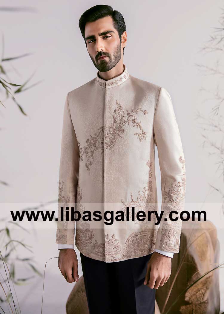 Rose Gold Prince Jacket with Floral Hand Embroidered Pattern on Self Jamawar